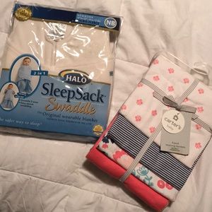 Receiving blankets and a sleep sack swaddle